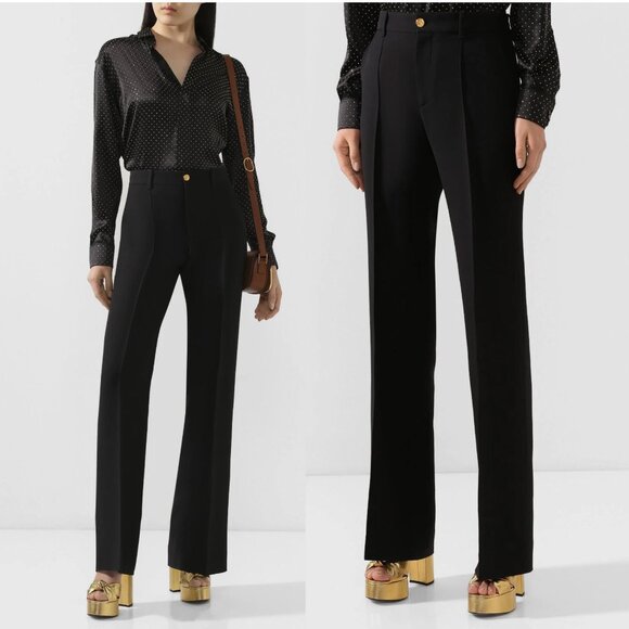 Gucci Pants - GUCCI PANTS BLACK SILK WOOL CREASED TROUSERS w LOGO BUTTON sz IT 44 US 8